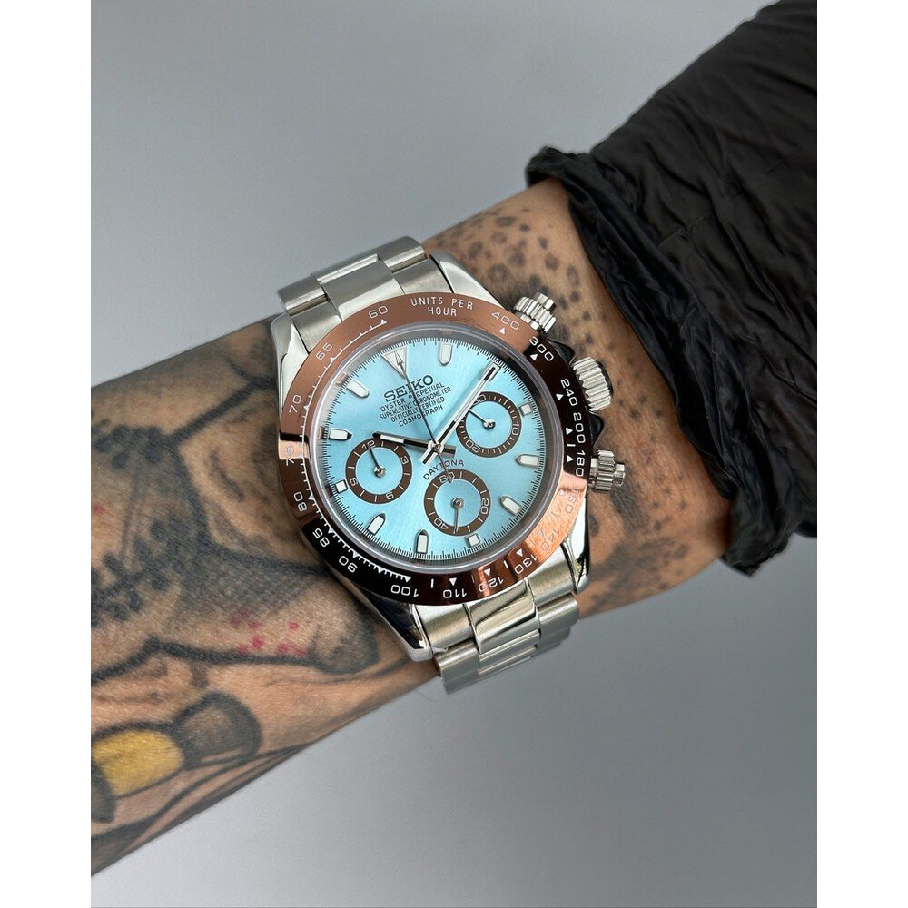 Custom Seiko Mod • Chrome Brown Ice Blue Platinum Daytona • 39.5mm
